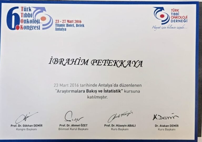 Turkish Medical Oncology Congress certificate