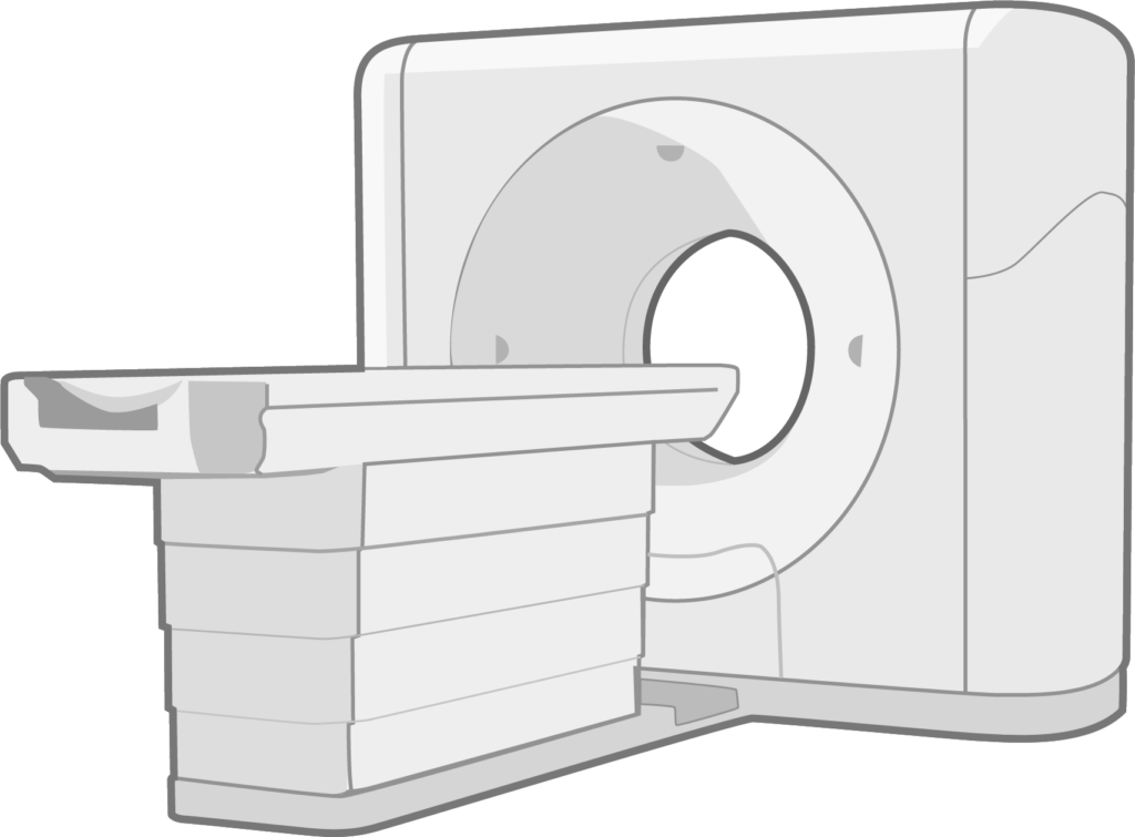 Medical illustration of a computed tomography scanner with patient table