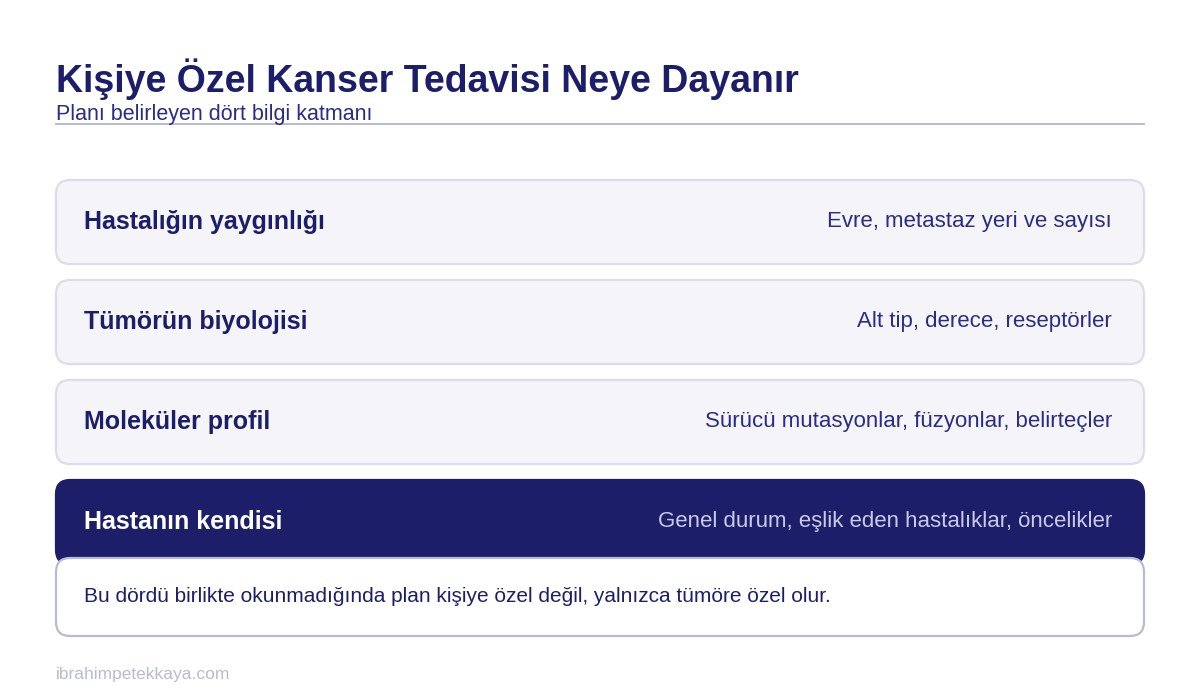 Kişiye özel kanser tedavisinin dayandığı dört bilgi katmanını gösteren tablo