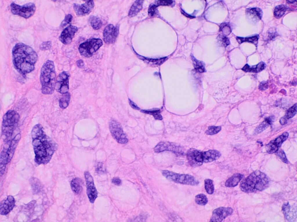 Histopathology image of a liposarcoma tissue section under the light microscope