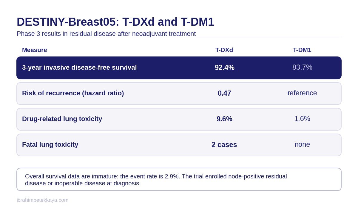 Table comparing trastuzumab deruxtecan with T-DM1 in the DESTINY-Breast05 trial