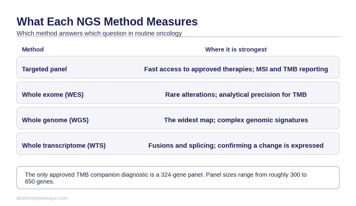 Diagram comparing the coverage of a targeted panel, whole exome sequencing, whole genome and transcriptome sequencing