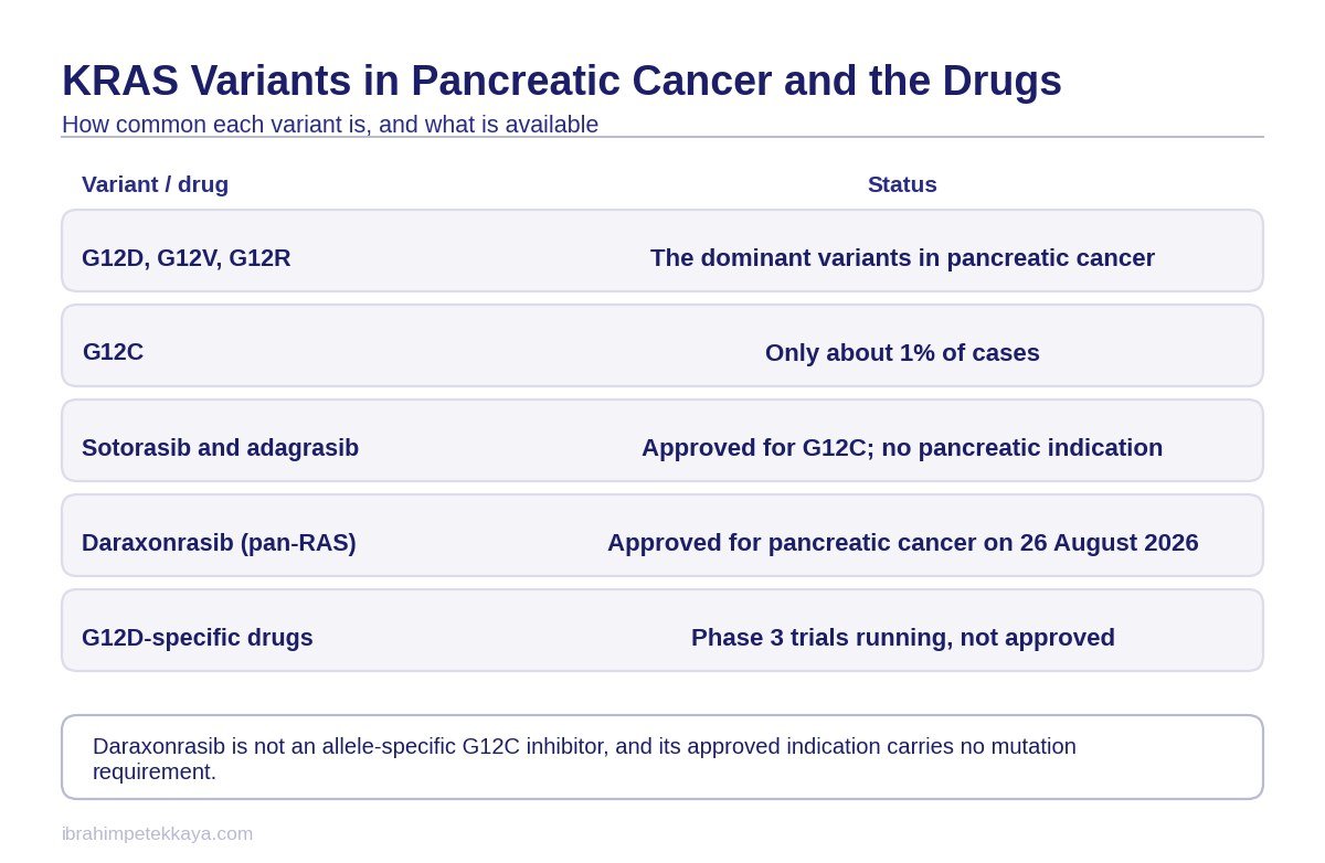 Table showing the approval status of the KRAS G12C inhibitors alongside the phase 3 results of the pan-RAS inhibitor approved in pancreatic cancer